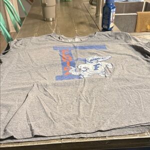 Gray Graphic Tee with Blue and Orange Design